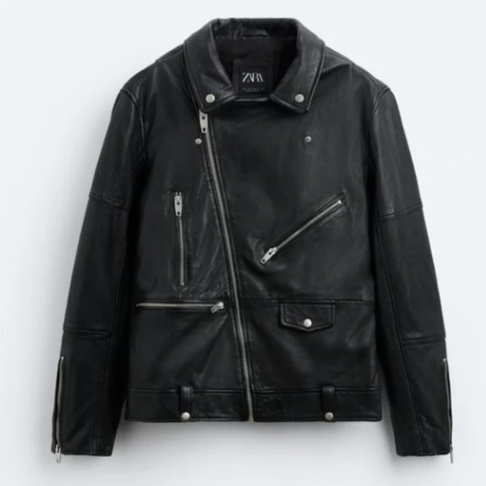 Zara Man Black Leather Biker Jacket. Size XL.